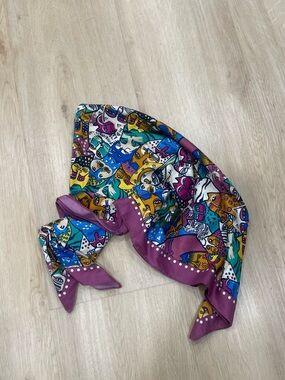 Vintage Azona multicolored silk scarf with an abstract cat design